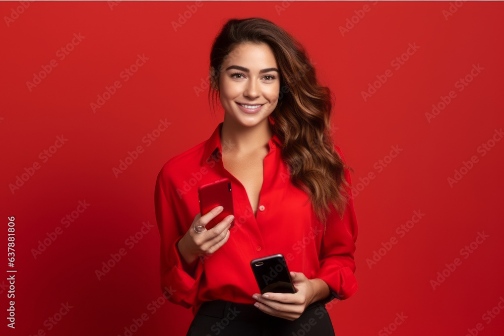 Naklejka premium woman with phone on red background. .