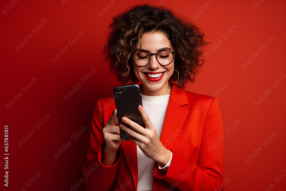 woman with phone on red background. . - obrazy, fototapety, plakaty 
