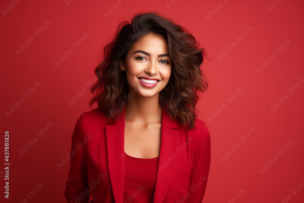 woman with phone on red background. . woman with phone on red background. .