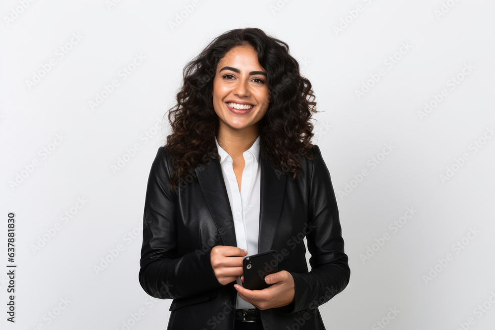 woman with phone on white background. . woman with phone on white background. .