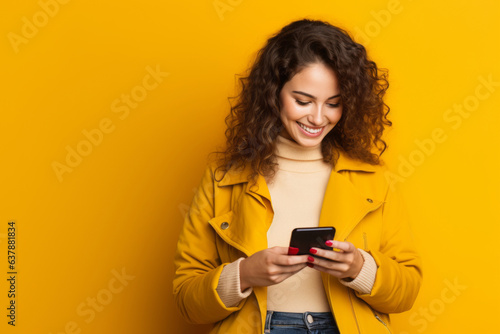 woman with phone on yellow background . .