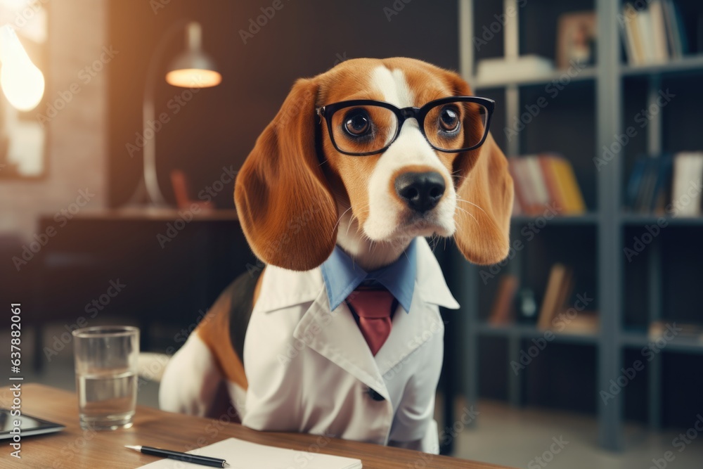 cute beagle dog sitting on the table dressed in jacket and glasses 