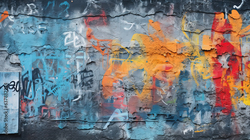 Rough concrete surface with vibrant graffiti art