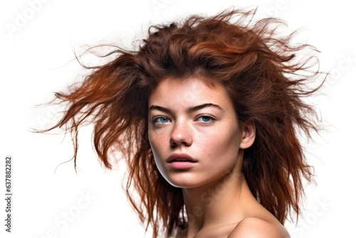 cropped studio shot of a young woman with wild hair isolated on white