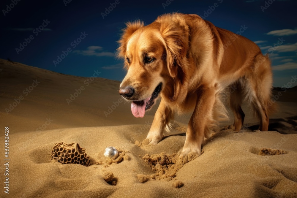 dog uncovering buried treasure in sand
