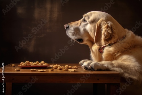 tilted angle of drooling dog and treat on table