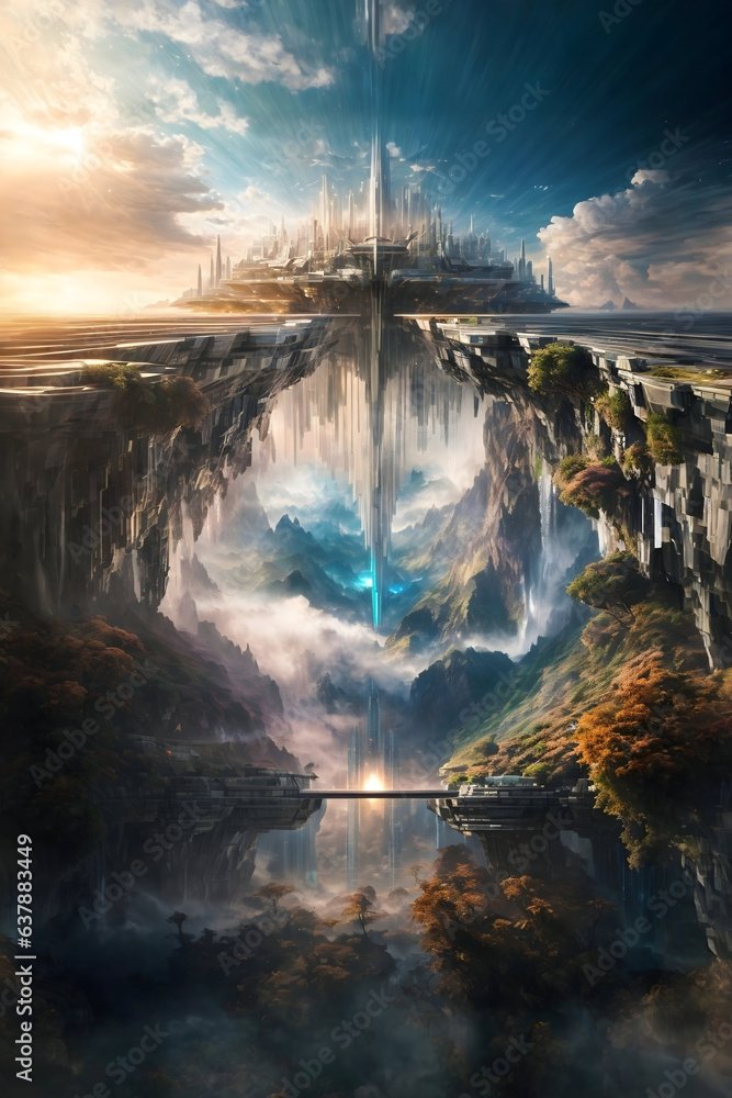 Imagine a world suspended among the clouds, with floating cities and celestial waterfalls.
 (highly epic detailed geometric futuristic:1.5), centered, middle of an Insanely colorful epic realistic