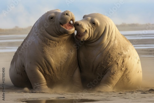 elephant seals pushing each other in sand