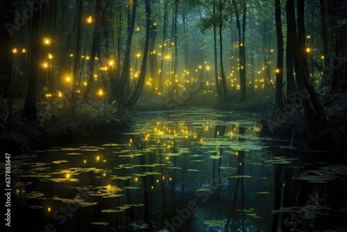 glowing fireflies over a still pond at night