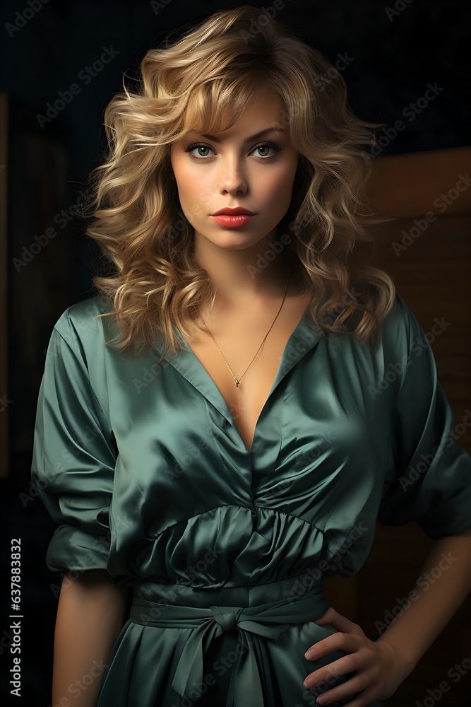 Fototapeta premium Retrospective Glamour: Pretty Model Embracing the 1980s Fashion Style, Generative AI