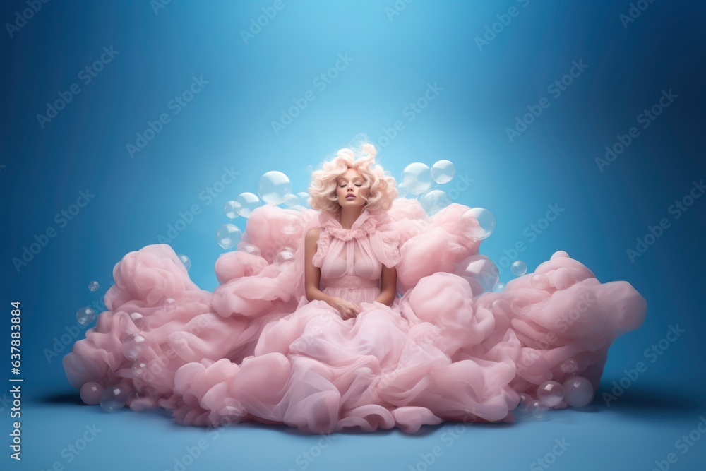 Stunning blonde woman in a fluffy pink dress surrounded by soap balloons. Dreamy barbiecore background. Ai generated image - obrazy, fototapety, plakaty 