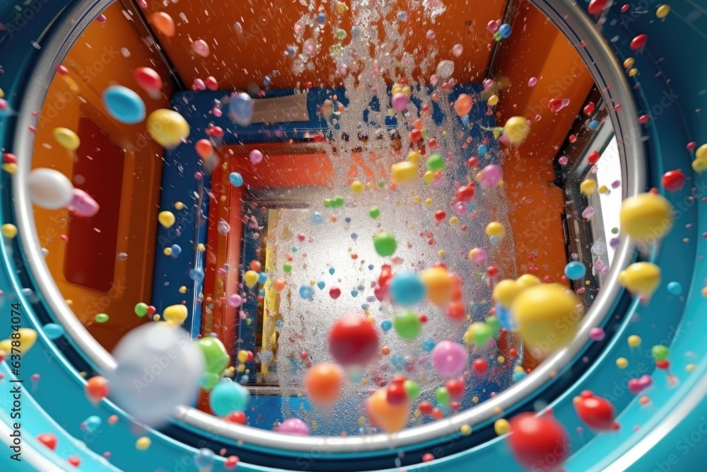 spinning detergent bubbles in washing machine drum - obrazy, fototapety, plakaty 