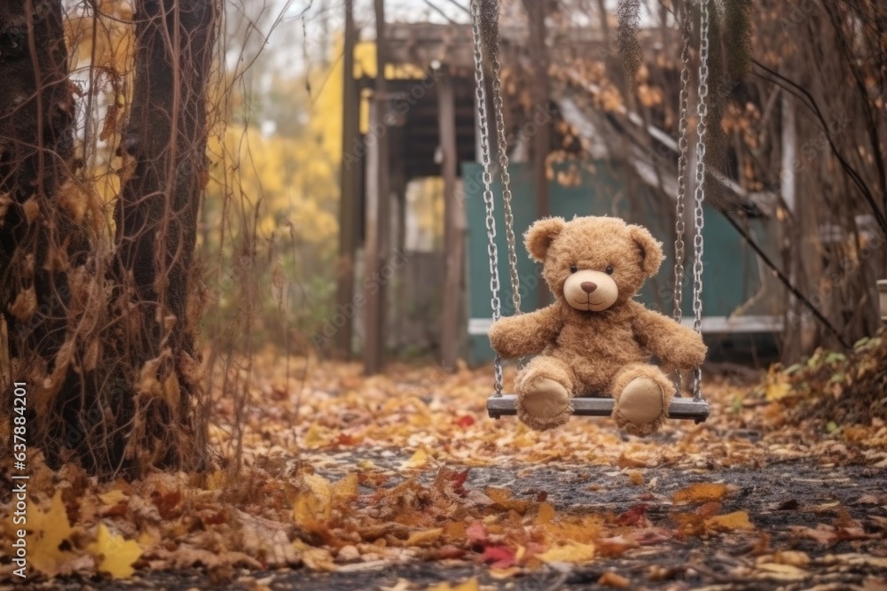 teddy bear resting on a forgotten swing set