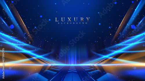 Blue luxury background with golden line decoration and curve light effect with bokeh elements. Modern art elegant dark scene.
