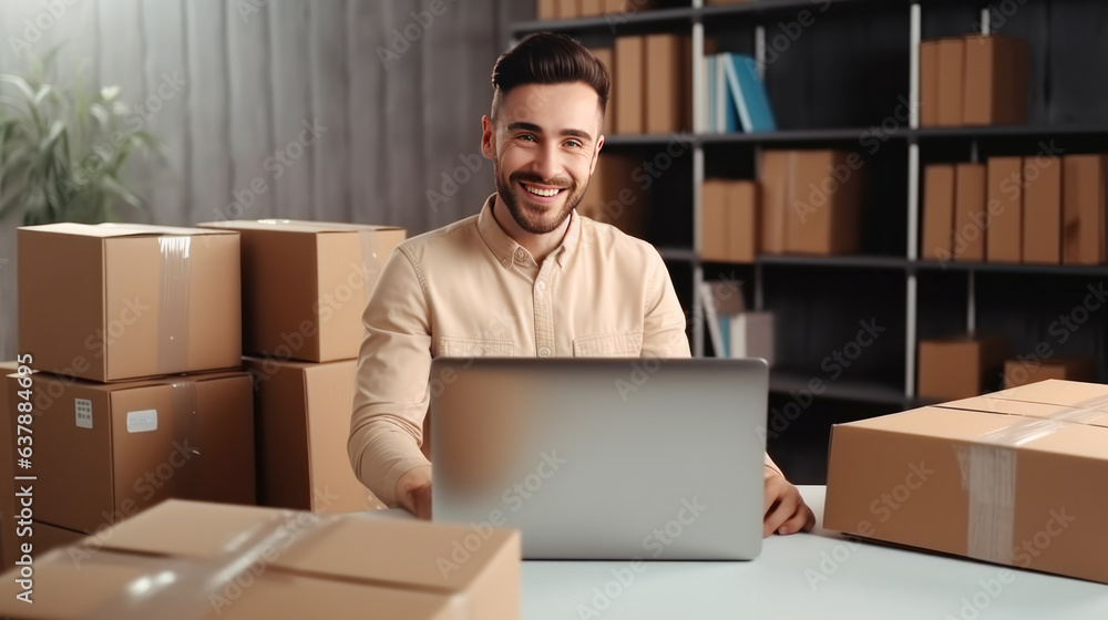 Start up of enterprise small business owner at the workplace. small business entrepreneur SME or freelance working with a box at home. to deliver to customers. Online selling, e-commerce. Start up of enterprise small business owner at the workplace. small business entrepreneur SME or freelance working with a box at home. to deliver to customers. Online selling, e-commerce.