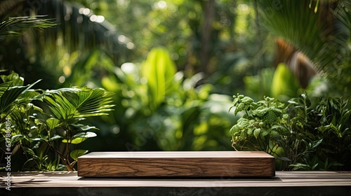 Wooden product display podium with blurred background. Wooden podium in tropical forest for product presentation and green background.  Illustration Generative AI.