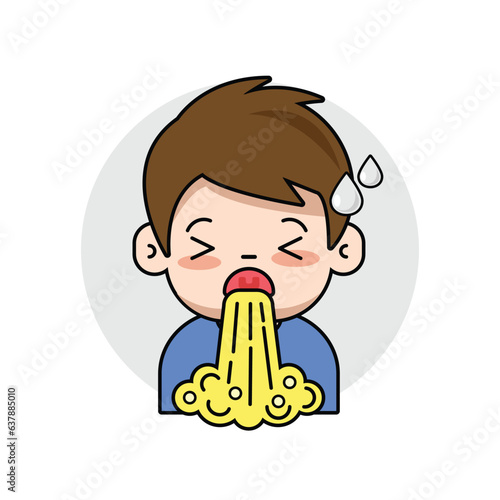 Sick boy vomiting cartoon vector illustration.