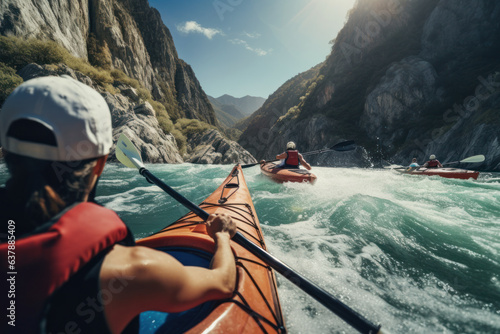 A squad of friends kayaking down a rapid river, framed by rugged cliffs.