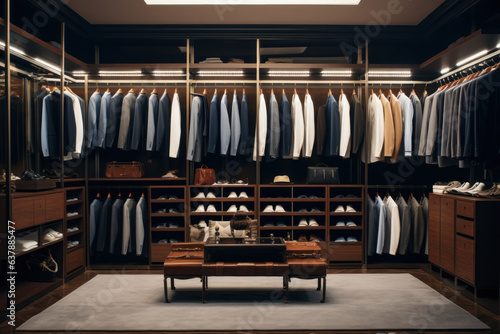 Luxury male wardrobe: Expensive suits, shoes, and clothes adorn the boutique shop interior. © Ai Studio