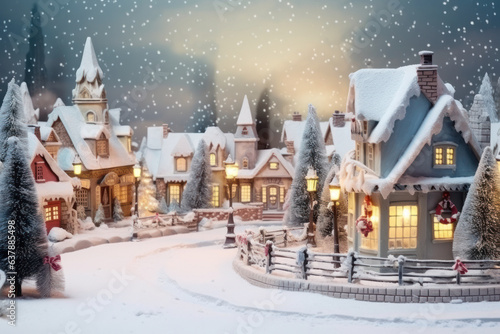 Snowy vintage Christmas village, a winter landscape capturing holiday charm. Ideal for Christmas cards.