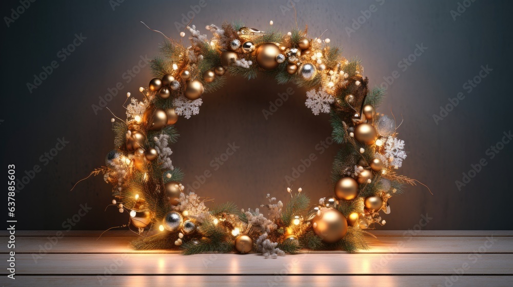 Christmas wreath on wooden background with copy space. Christmas garland with warm light.