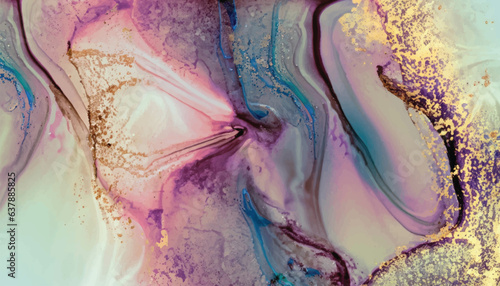 Gold and maroon and aqueous blue abstract alcohol ink marble texture. Vector shining background with glitter. Template for banner, poster design. Fluid art painting vector illustration.
