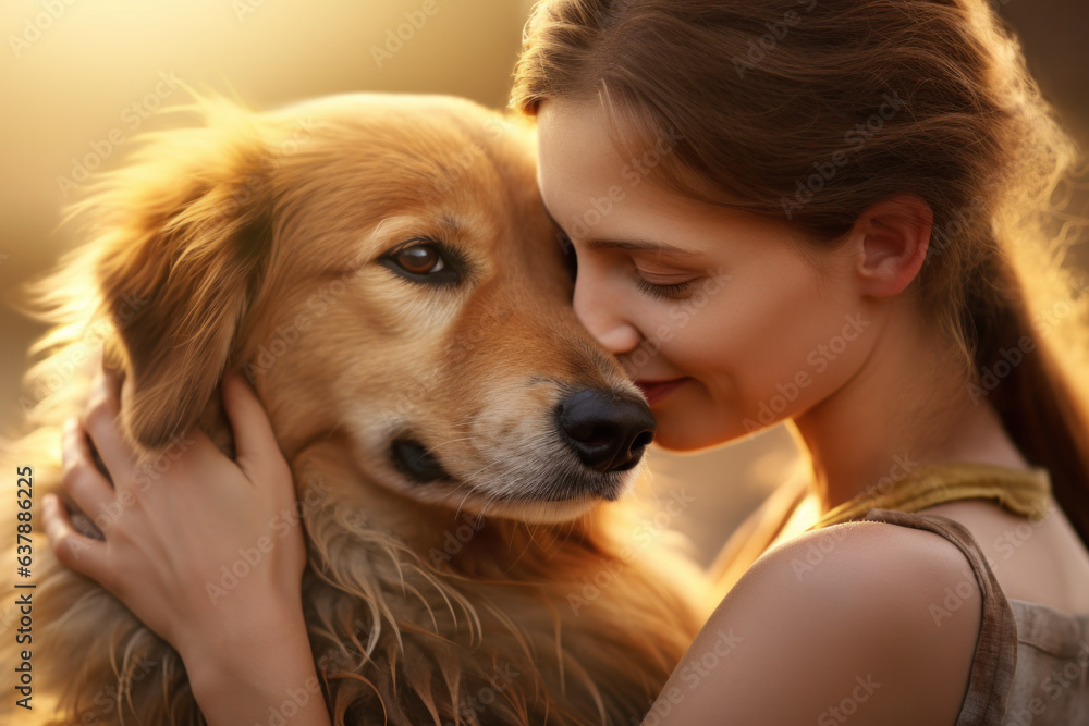 Woman tenderly petting dog at summer sunset, a heartfelt moment.