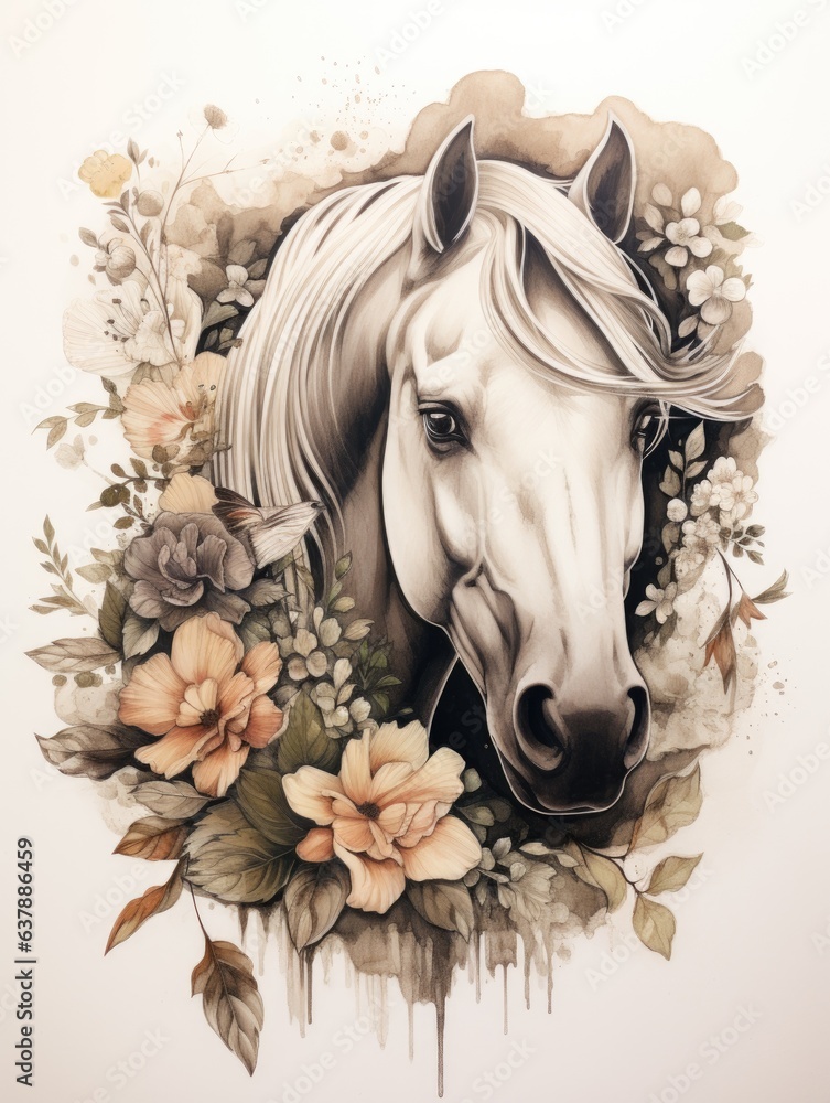 Horse head with flowers and leaves on a white background. Hand-drawn stile illustration. Horse head with flowers and leaves on a white background. Hand-drawn stile illustration.