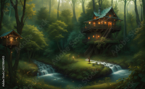 Artistic concept painting of a beautiful tree house, background illustration. Mysterious house in the forest, fairy tale.