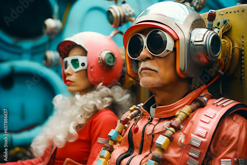 An old man and a woman couple in space clothes aboard an airplane spacecraft together