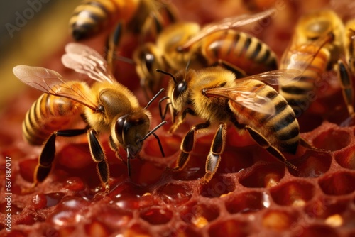 macro of honey bees attending to their queen © Alfazet Chronicles