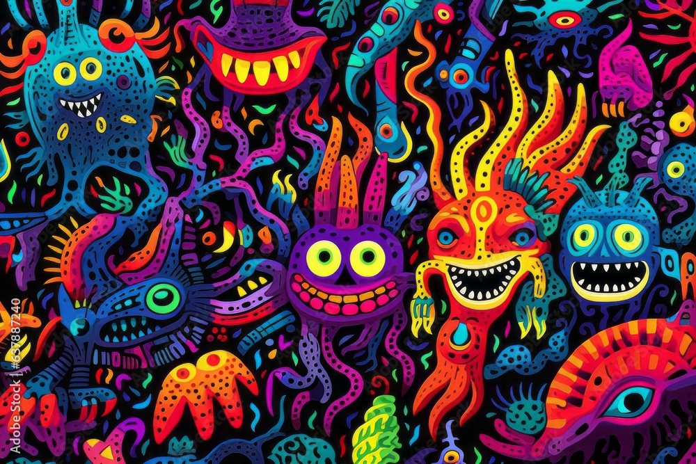 Psychedelic pattern with alien creatures. Beautiful illustration picture. Generative AI