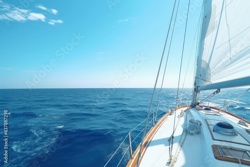 Yacht sailing on blue Mediterranean, sunny day. View from deck, open sea ahead.