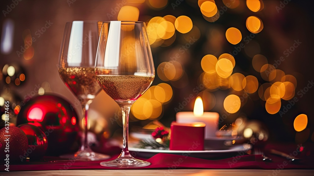 Two glasses of wine on table in front of Christmas tree and lights