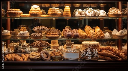 Bakery display with an array of fresh food. Beautiful illustration picture. Generative AI