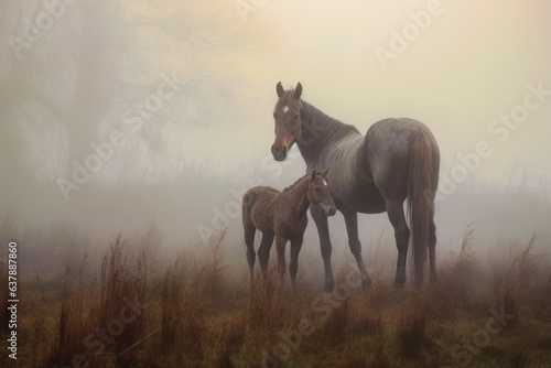 mare and foal nuzzling on a foggy morning, creating a dreamy atmosphere