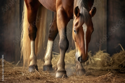 freshly shod horse hooves standing on hay