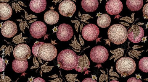 Pomegranate pattern. Pomegranate plant branch with fruits. Vintage Pomegranates illustration. Hand drawn ink style fruit background. Pomegranate tree, ripe fruit. Rosh hashanah print. Textile, fabric 