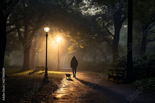 Person walking in the park with dog. Beautiful illustration picture. Generative AI © standret