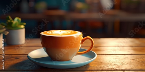 Coffee with heart pattern in orange cup on wooden table in cafe with lighting background, generative ai