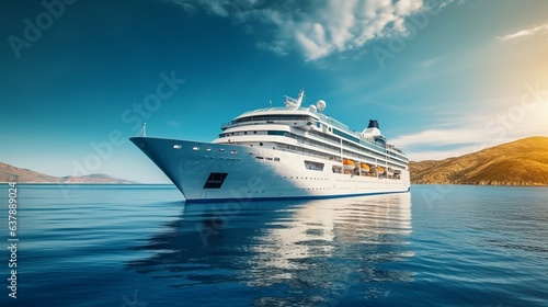 Cruise ship yacht on a tour in the sea. Beautiful illustration picture. Generative AI