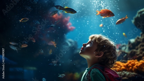 Curious boy gazed in awe at colorful marine fish and corals. Beautiful illustration picture. Generative AI
