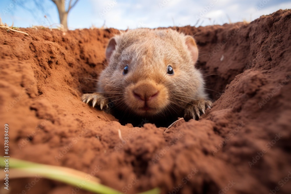 Cute wombat peeked out from its burrow. Beautiful illustration picture. Generative AI Cute wombat peeked out from its burrow. Beautiful illustration picture. Generative AI
