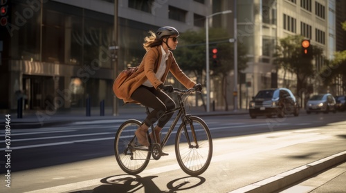 Cyclist navigates city. Beautiful illustration picture. Generative AI