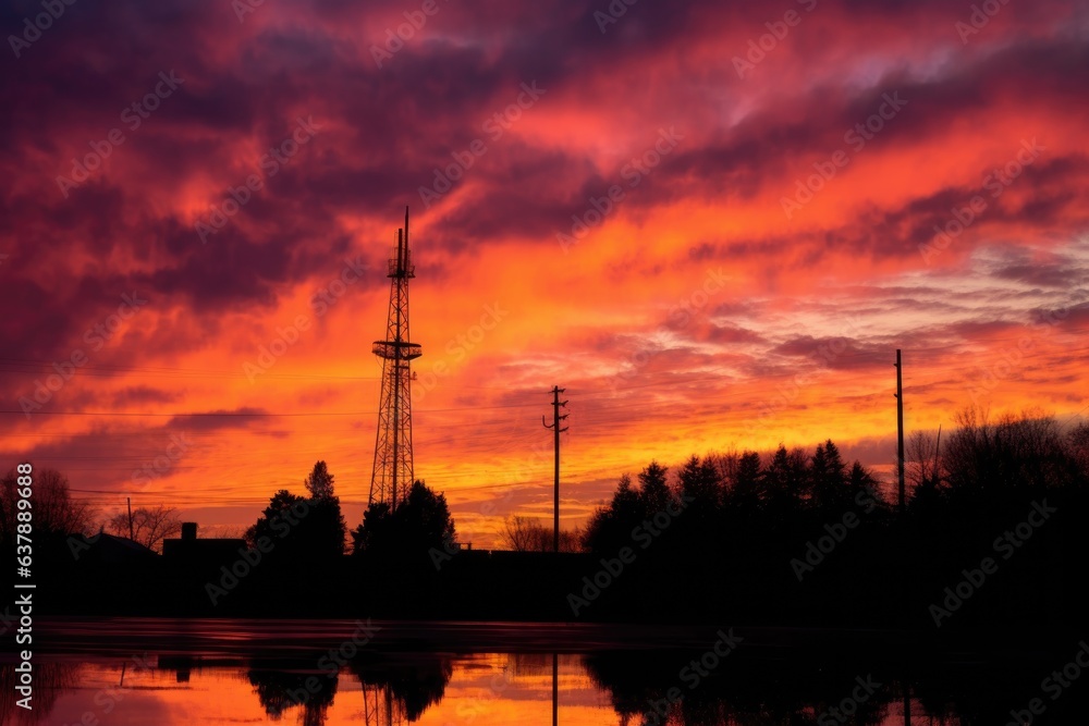 cell tower silhouette against a sunset sky