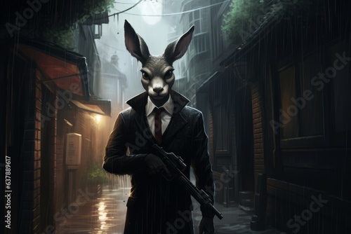Deer wearing a tuxedo with a gun hiding. Beautiful illustration picture. Generative AI