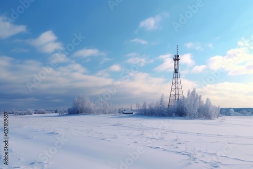 snow-covered cell tower in a winter landscape