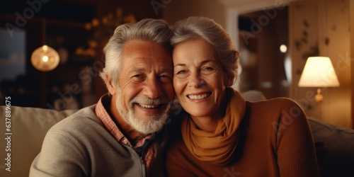 Close up of beautiful smiling senior family couple husband and wife looking at camera with tenderness and love while sitting in living room at home, retired couple embracing indoors, generative ai