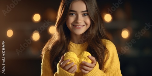 Smiling pretty young girl holding yellow heart on lights boken background, Valentine day concept, generative ai