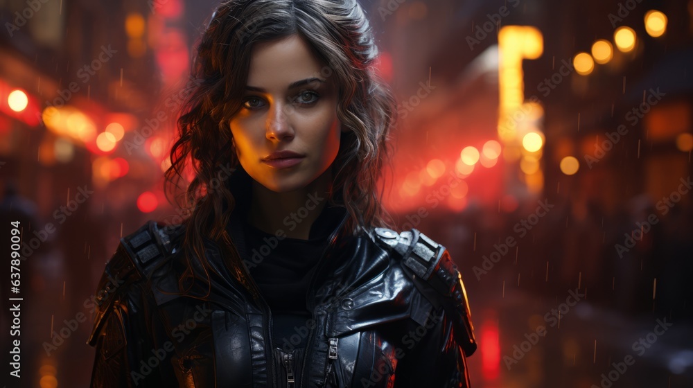 Portrait of woman that is standing in the city at night. Beautiful illustration picture. Generative AI